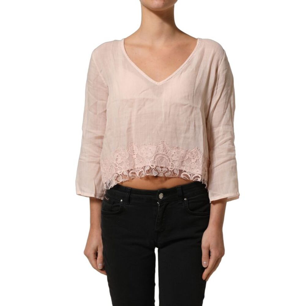 PINK MEMORIES Light Pink Linen V-Neck Long Sleeves Blouse Women's Top